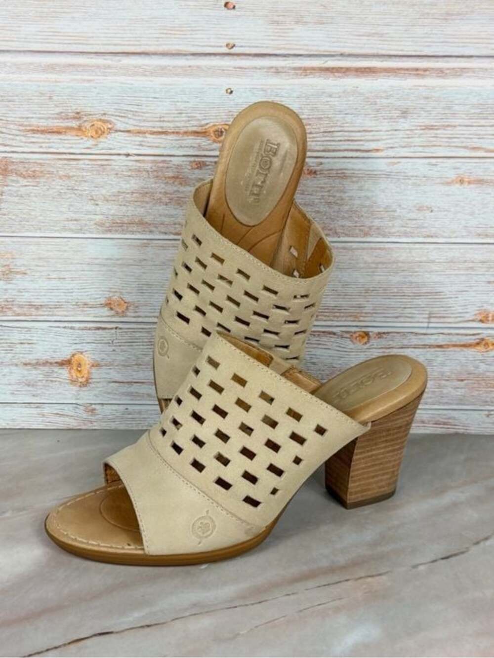 Born Block Heel Peep-toe Slides w/Laser Cutouts in Sand Suede/Leather